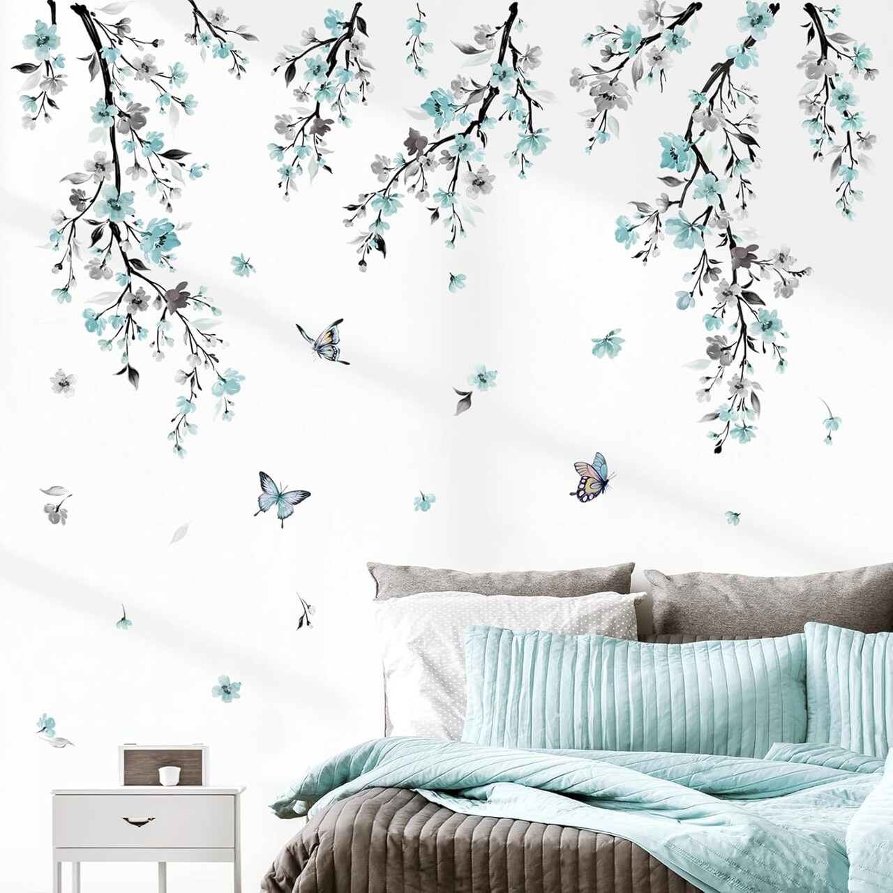 Watercolor Flower Vine Wall Stickers Blue Hanging Floral Tree Branch Wall Art Decals (Multi)